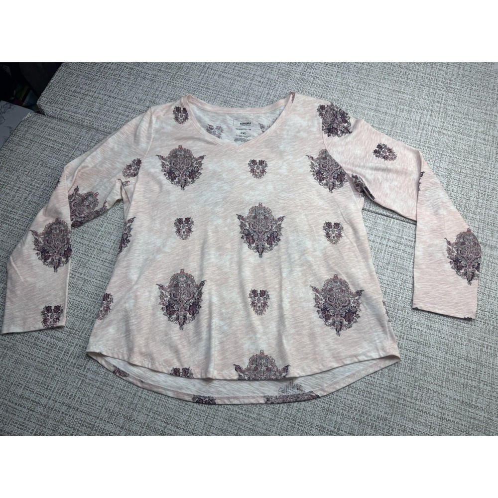 Sonoma The Everyday Tee Pink Print Long Sleeve V-Neck T-Shirt PXL Petite - Picture 4 of 9